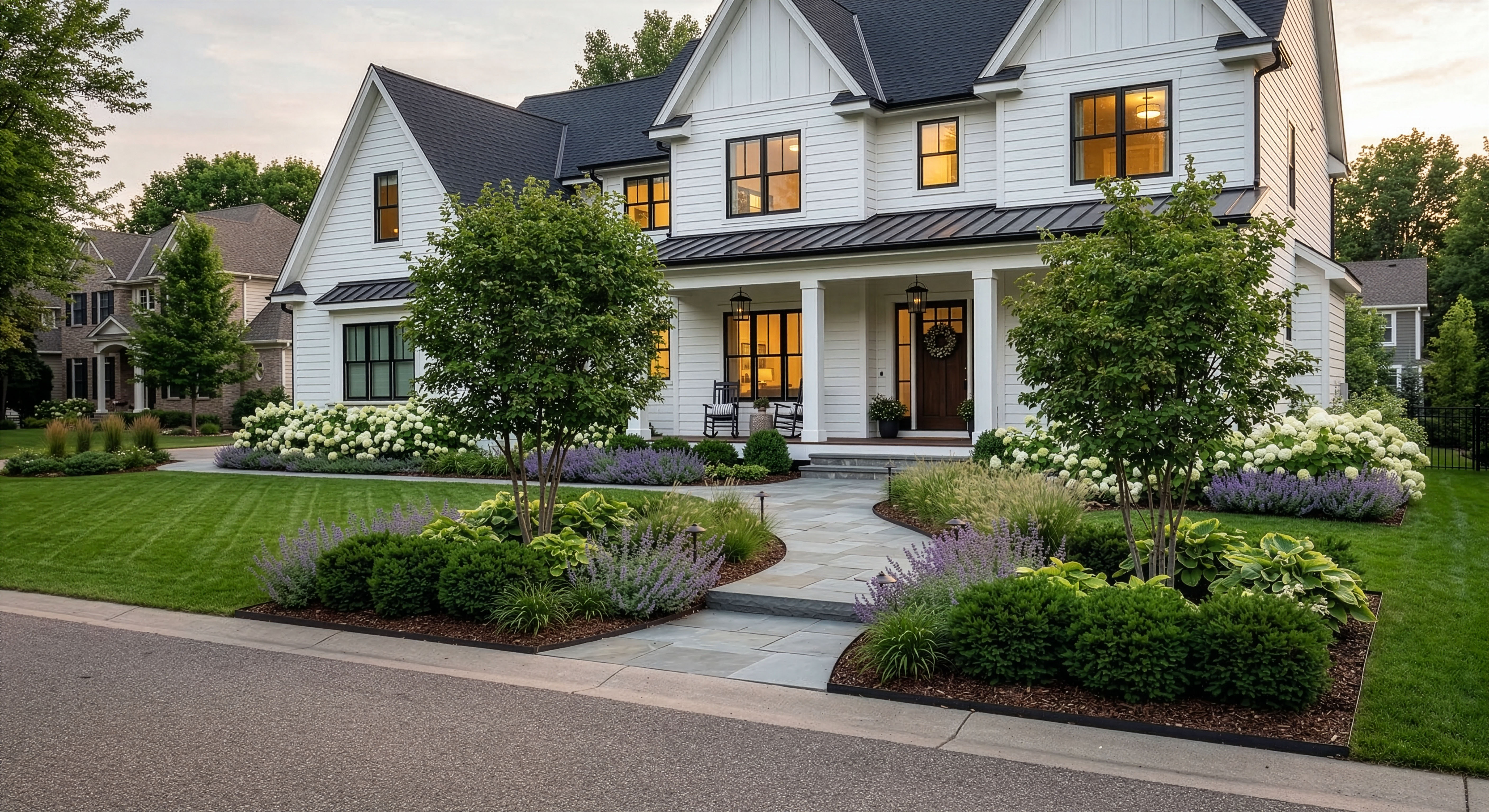 Front yard after a RoostPop transformation with layered planting and stronger street presence